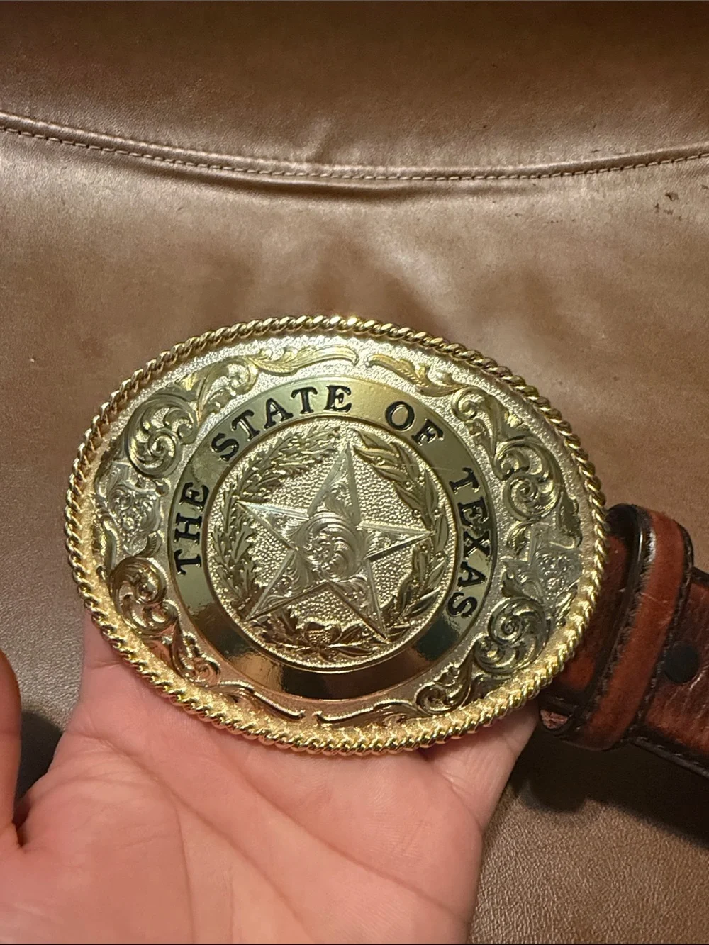 Montana Silversmiths Brown Leather Belt with Gold Texas State Buckle